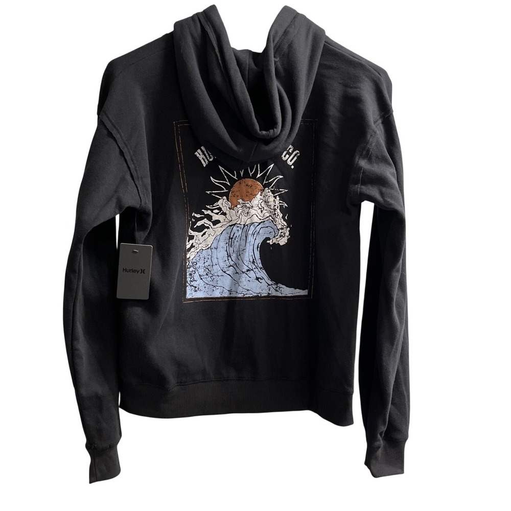 Hurley Go With The‎ Flow Hoodie Black Semi Crop Full Zip Beach Size M Distressed